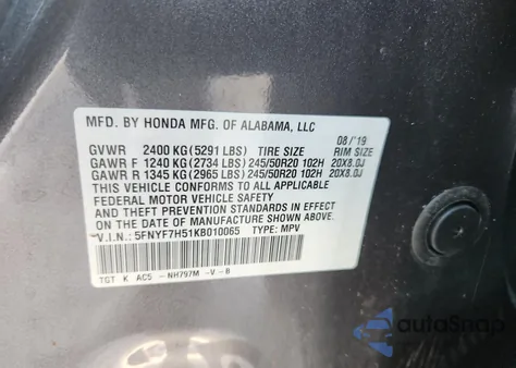 2019 Honda Passport Exl z USA, uszkodzony, nr VIN 5FNYF7H51KB010065